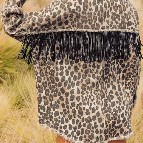 PREORDER Leopard Fringed Washed Oversized Denim Jacket