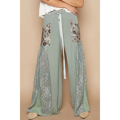 PREORDER Lace Printed Fabric Contrast Adjustable Strap Wide Pants