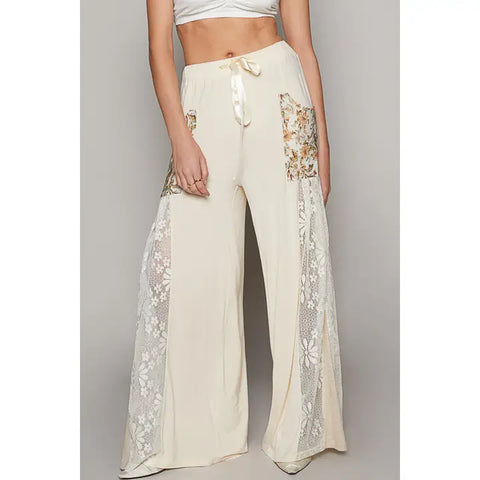 PREORDER Lace Printed Fabric Contrast Adjustable Strap Wide Pants