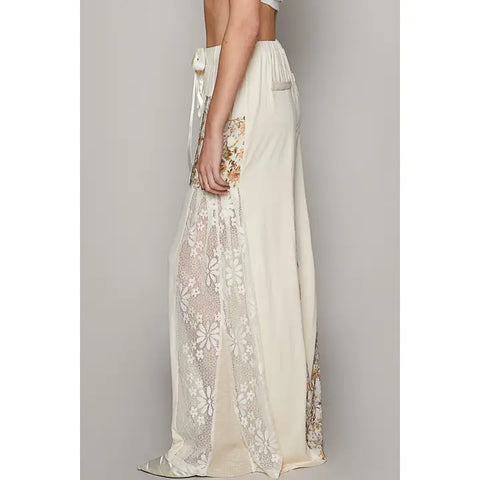 PREORDER Lace Printed Fabric Contrast Adjustable Strap Wide Pants