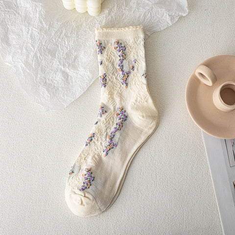 Court Women's Thin Small Flower Long Socks Retro